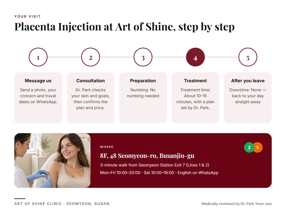 Your Placenta Injection visit at Art of Shine Clinic in Seomyeon, Busan in 5 steps, from WhatsApp booking to aftercare