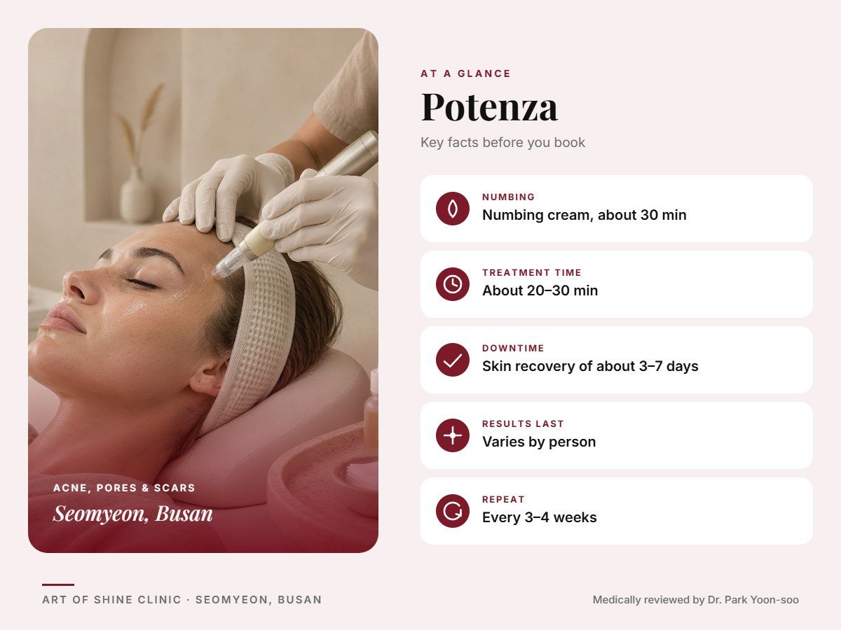Potenza in Busan at a glance: numbing, treatment time (About 20&ndash;30 min), downtime, how long results last and repeat interval, Art of Shine Clinic