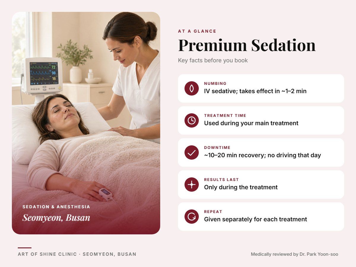 Premium Sedation in Busan at a glance: numbing, treatment time (Used during your main treatment), downtime, how long results last and repeat interval, Art of Shine Clinic