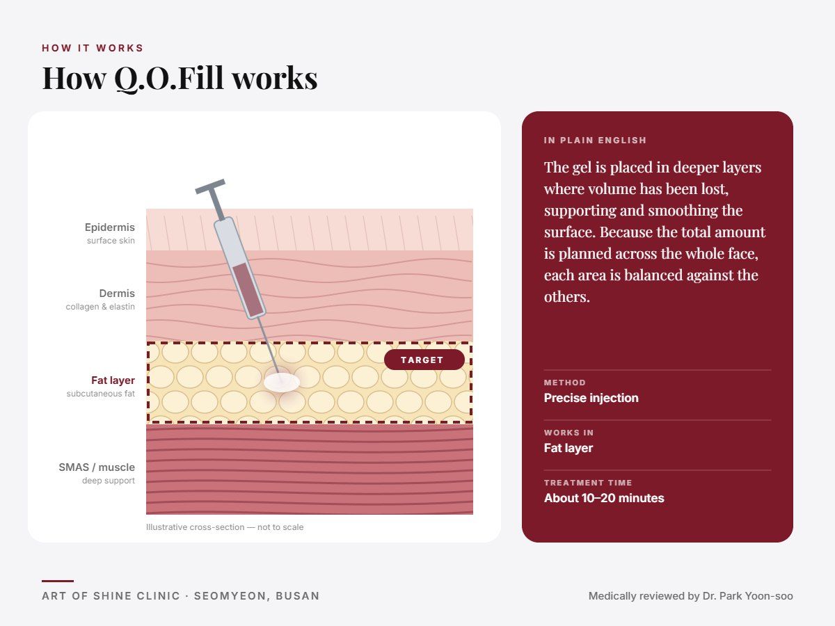 How Q.O.Fill works: illustrated skin cross-section showing precise injection reaching the fat layer