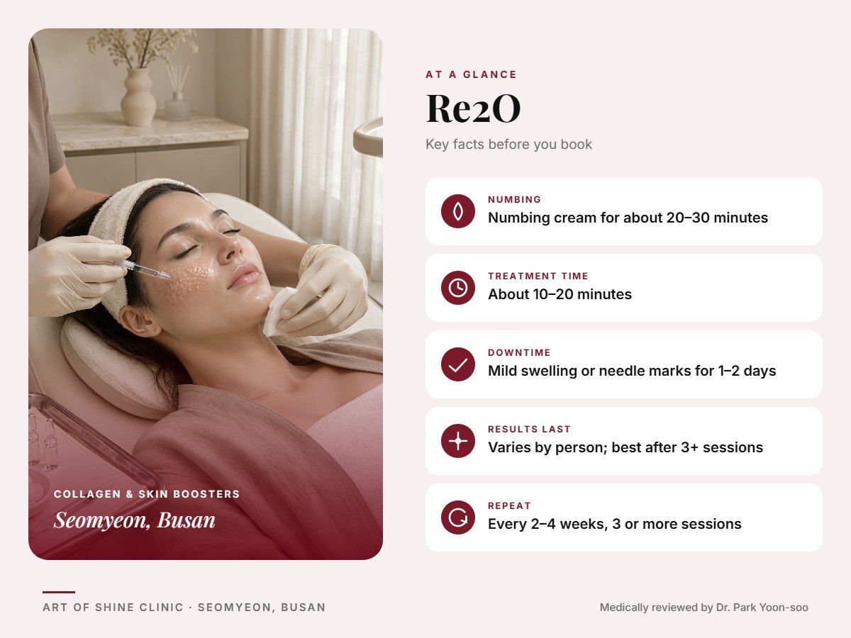 Re2O in Busan at a glance: numbing, treatment time (About 10&ndash;20 minutes), downtime, how long results last and repeat interval, Art of Shine Clinic