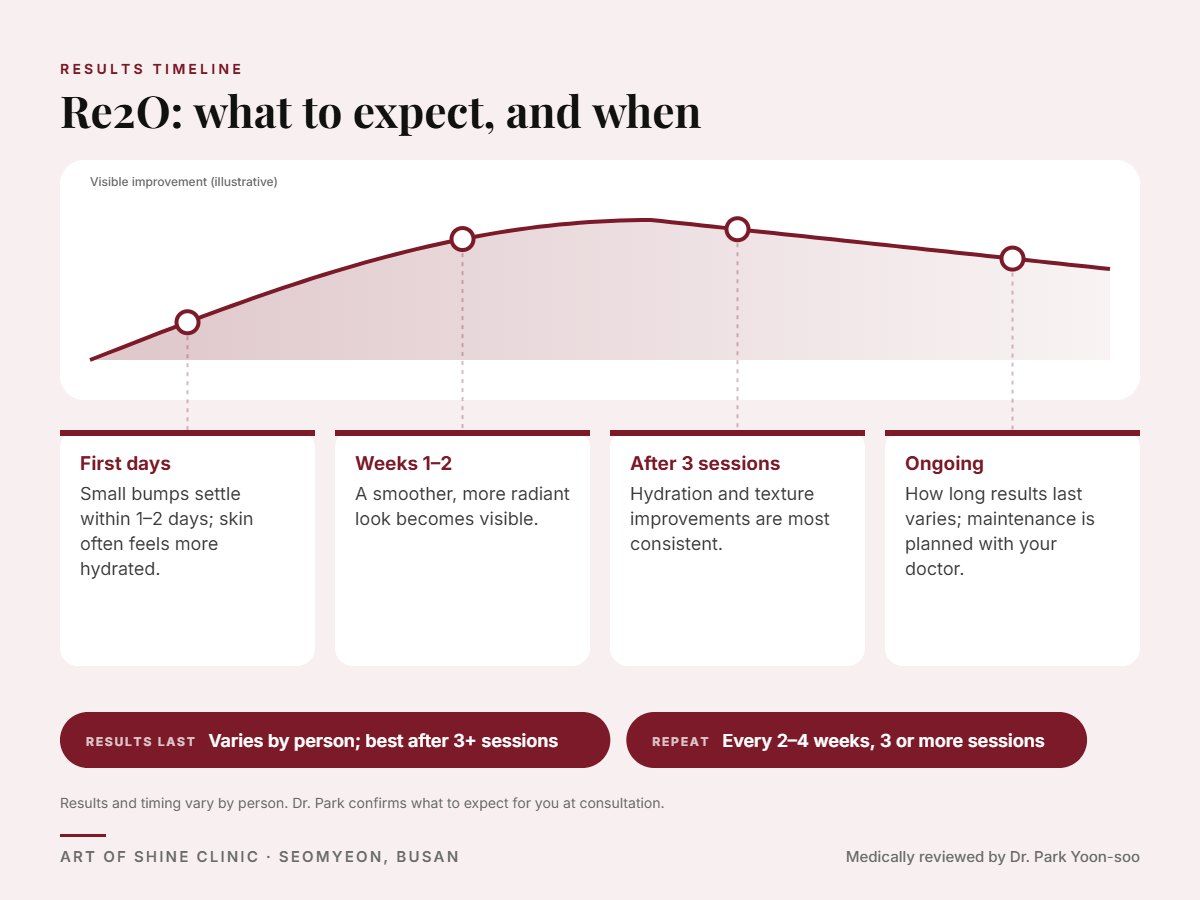 Re2O results timeline: when results appear and peak, and how long they last (Varies by person; best after 3+ sessions)