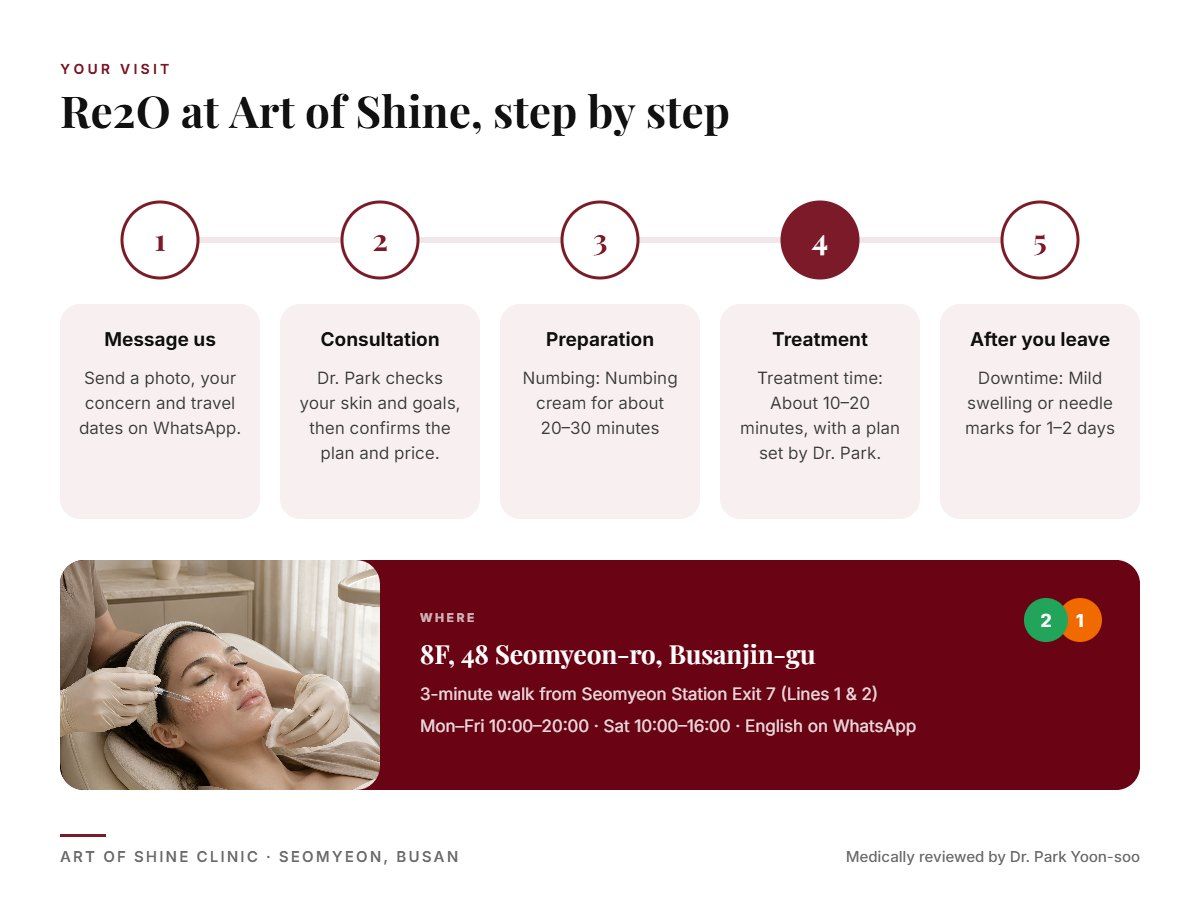 Your Re2O visit at Art of Shine Clinic in Seomyeon, Busan in 5 steps, from WhatsApp booking to aftercare