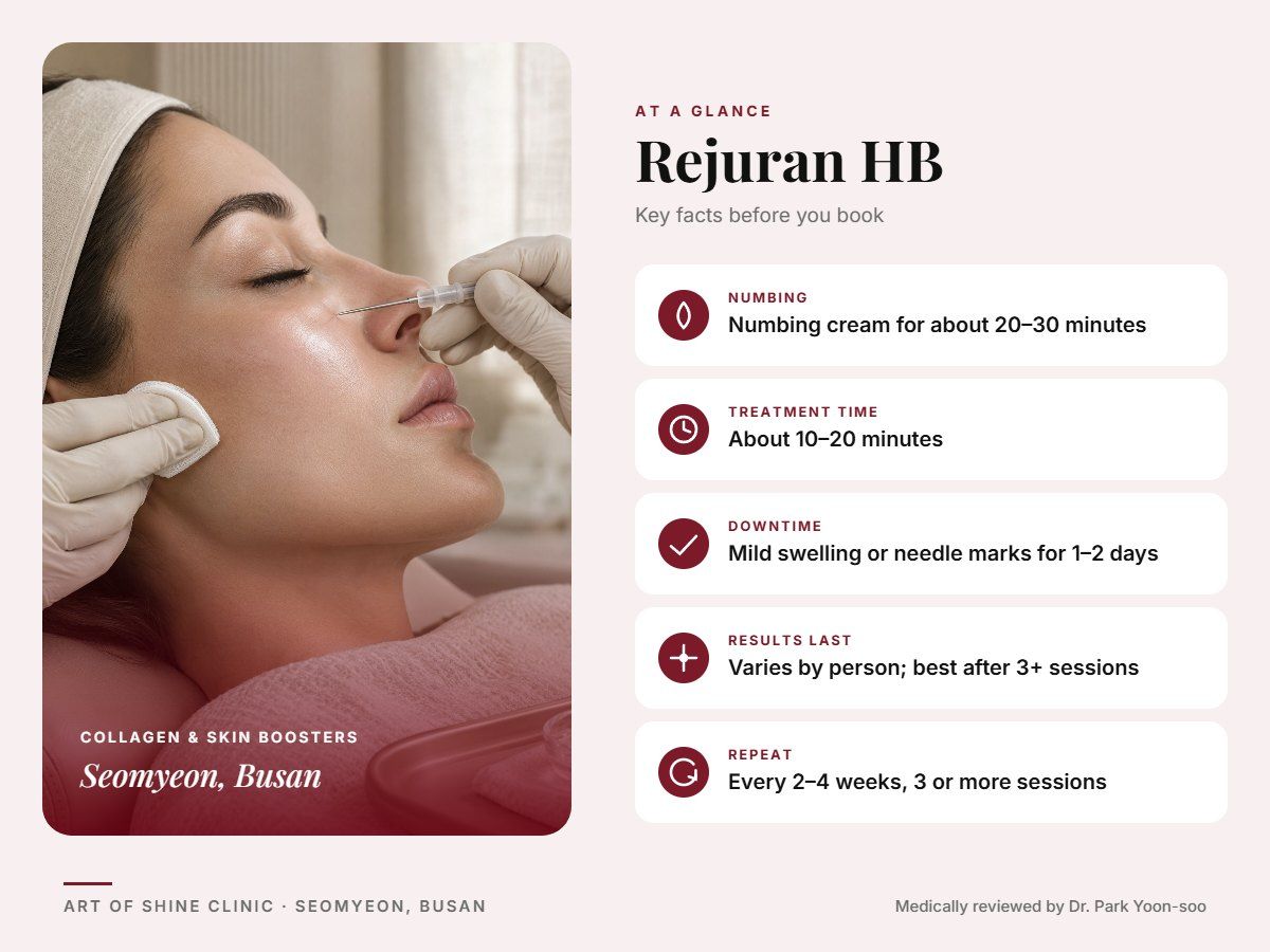 Rejuran HB in Busan at a glance: numbing, treatment time (About 10&ndash;20 minutes), downtime, how long results last and repeat interval, Art of Shine Clinic