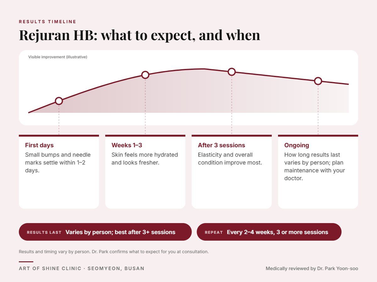 Rejuran HB results timeline: when results appear and peak, and how long they last (Varies by person; best after 3+ sessions)