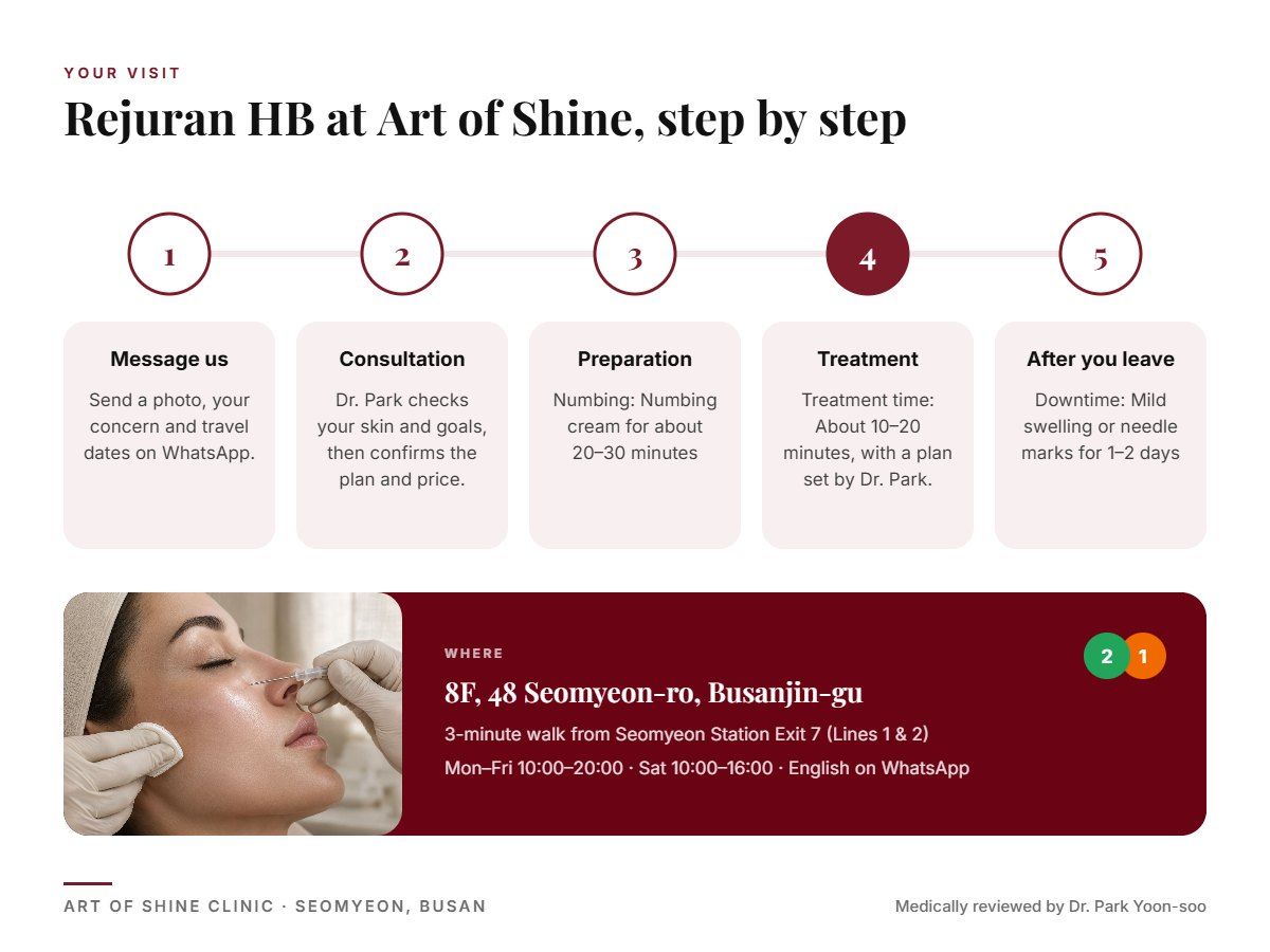Your Rejuran HB visit at Art of Shine Clinic in Seomyeon, Busan in 5 steps, from WhatsApp booking to aftercare