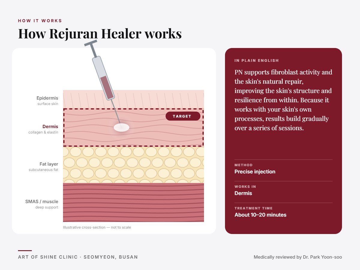 How Rejuran Healer works: illustrated skin cross-section showing precise injection reaching the dermis