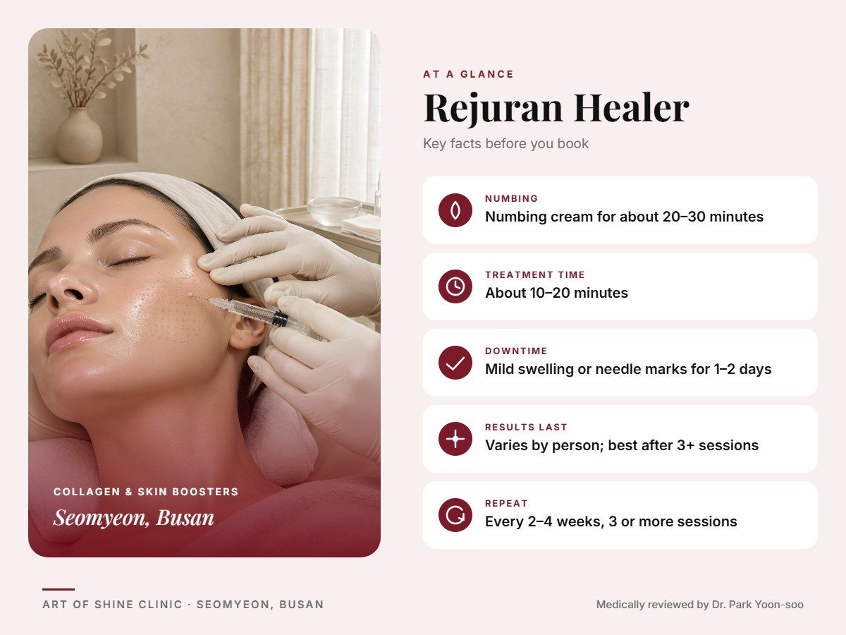 Rejuran Healer in Busan at a glance: numbing, treatment time (About 10&ndash;20 minutes), downtime, how long results last and repeat interval, Art of Shine Clinic