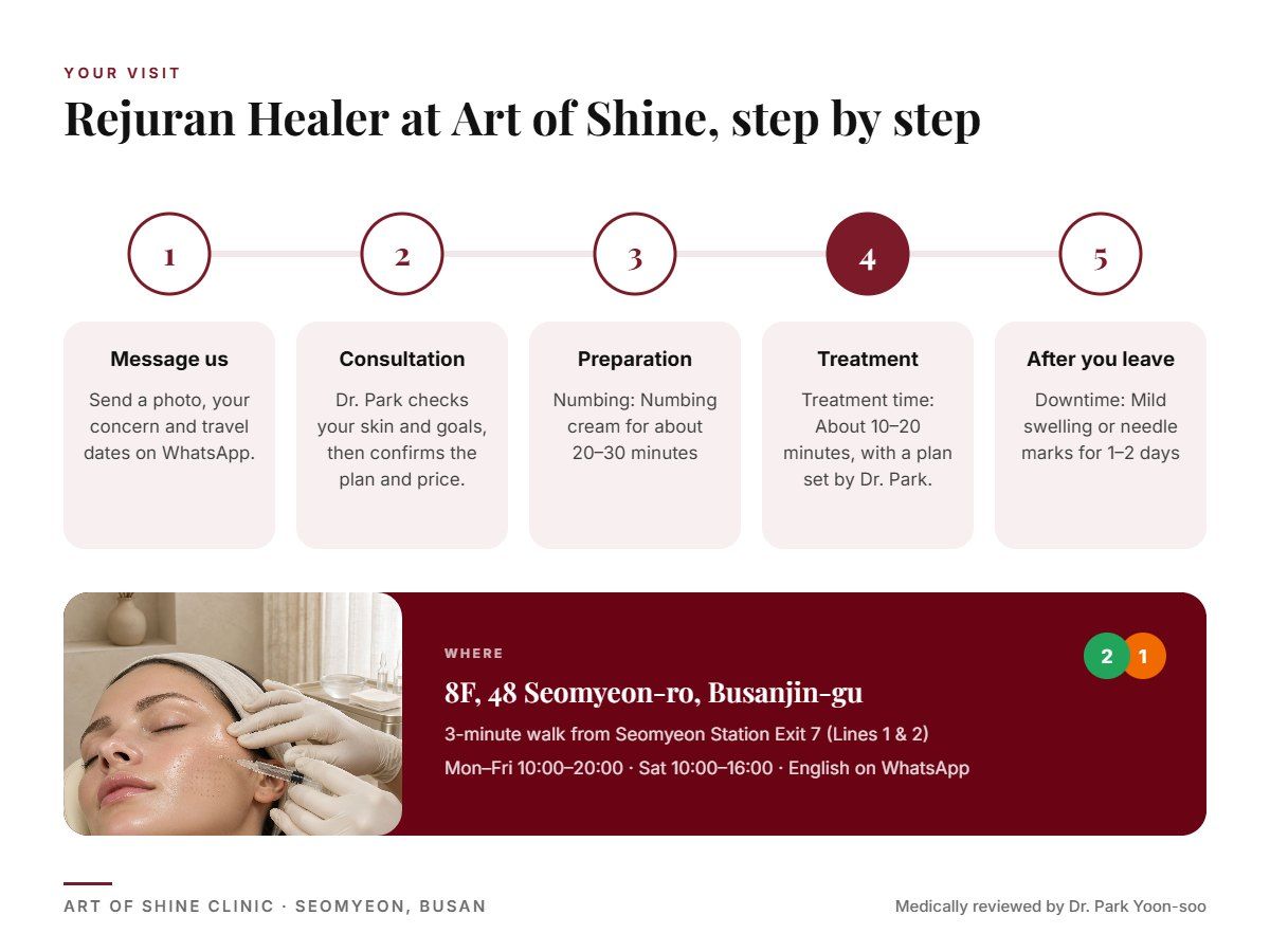 Your Rejuran Healer visit at Art of Shine Clinic in Seomyeon, Busan in 5 steps, from WhatsApp booking to aftercare