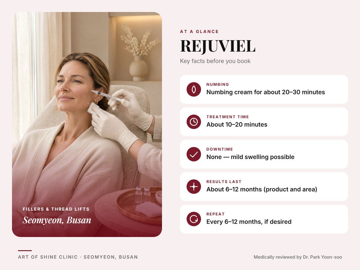 REJUVIEL in Busan at a glance: numbing, treatment time (About 10&ndash;20 minutes), downtime, how long results last and repeat interval, Art of Shine Clinic