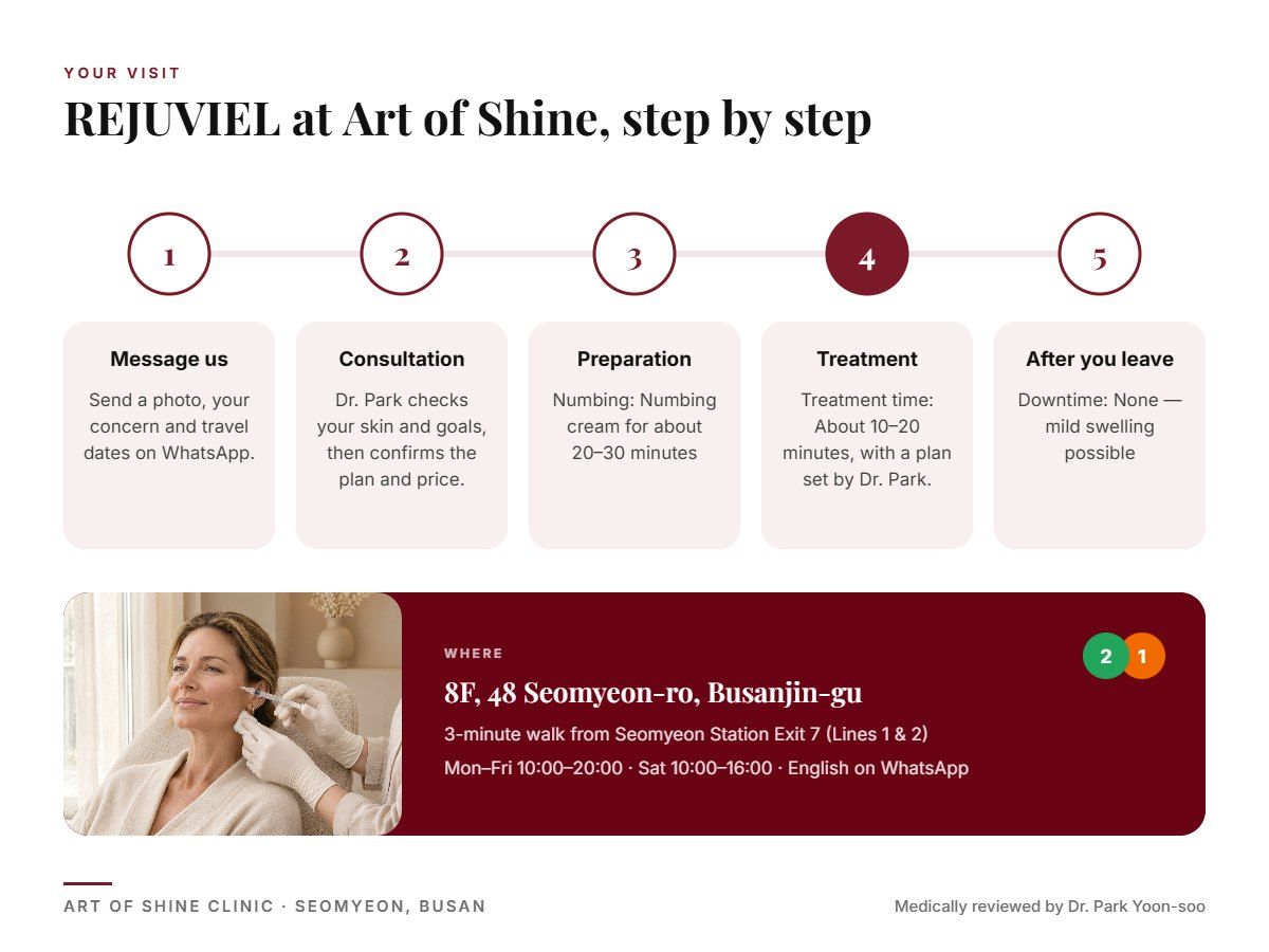 Your REJUVIEL visit at Art of Shine Clinic in Seomyeon, Busan in 5 steps, from WhatsApp booking to aftercare