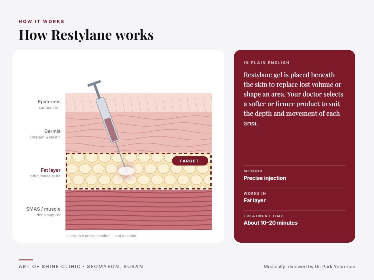 How Restylane works: illustrated skin cross-section showing precise injection reaching the fat layer