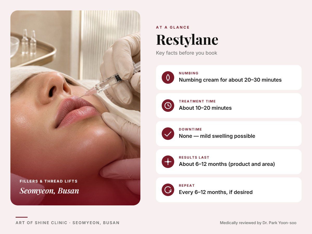 Restylane in Busan at a glance: numbing, treatment time (About 10&ndash;20 minutes), downtime, how long results last and repeat interval, Art of Shine Clinic