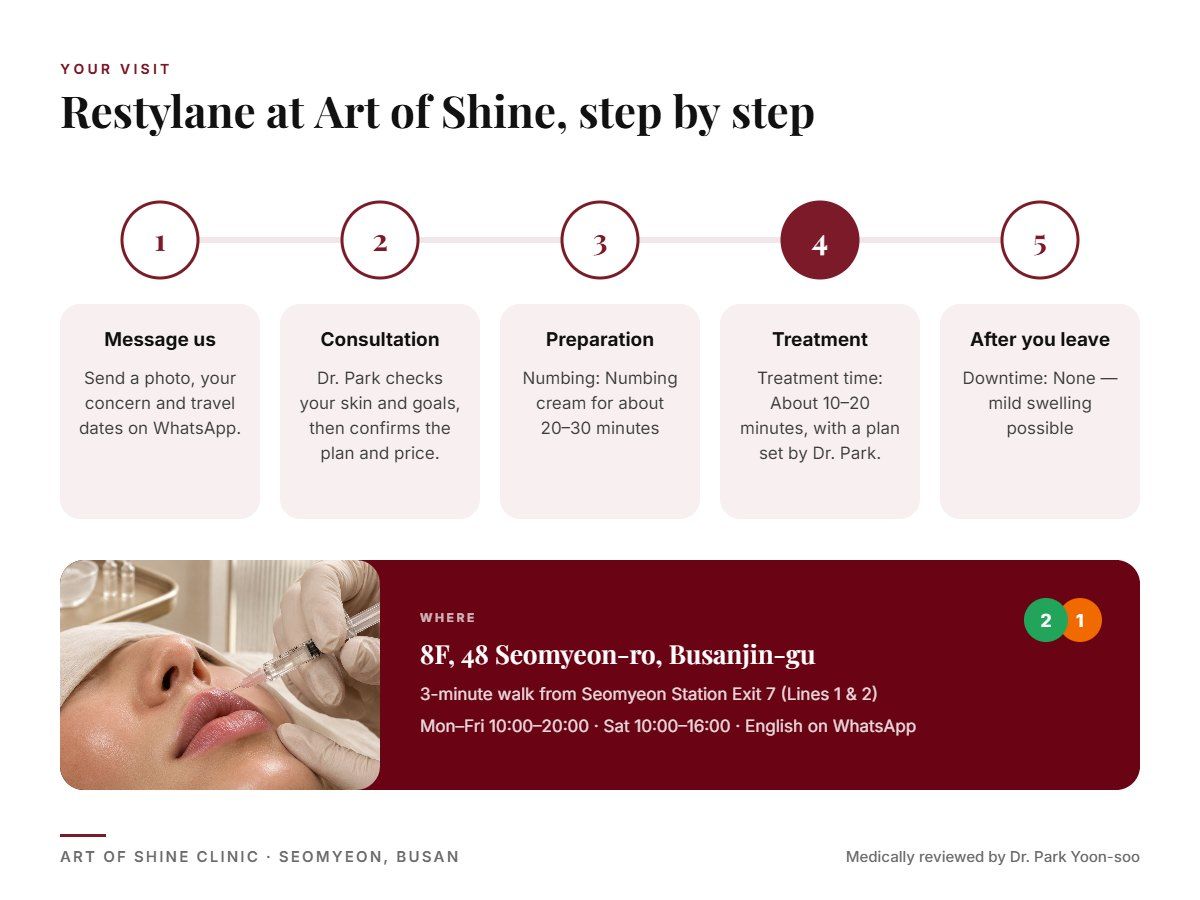 Your Restylane visit at Art of Shine Clinic in Seomyeon, Busan in 5 steps, from WhatsApp booking to aftercare