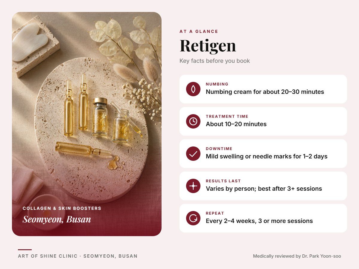 Retigen in Busan at a glance: numbing, treatment time (About 10&ndash;20 minutes), downtime, how long results last and repeat interval, Art of Shine Clinic