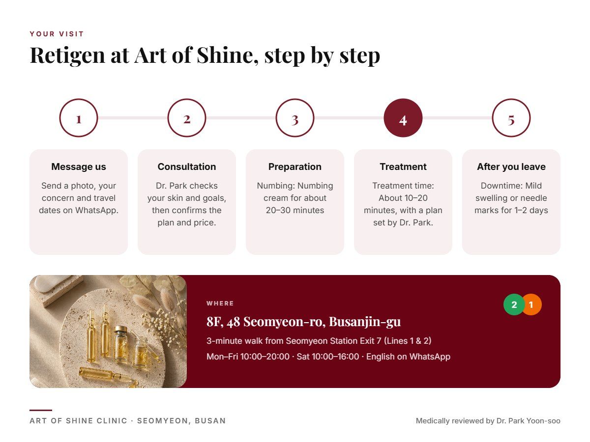Your Retigen visit at Art of Shine Clinic in Seomyeon, Busan in 5 steps, from WhatsApp booking to aftercare