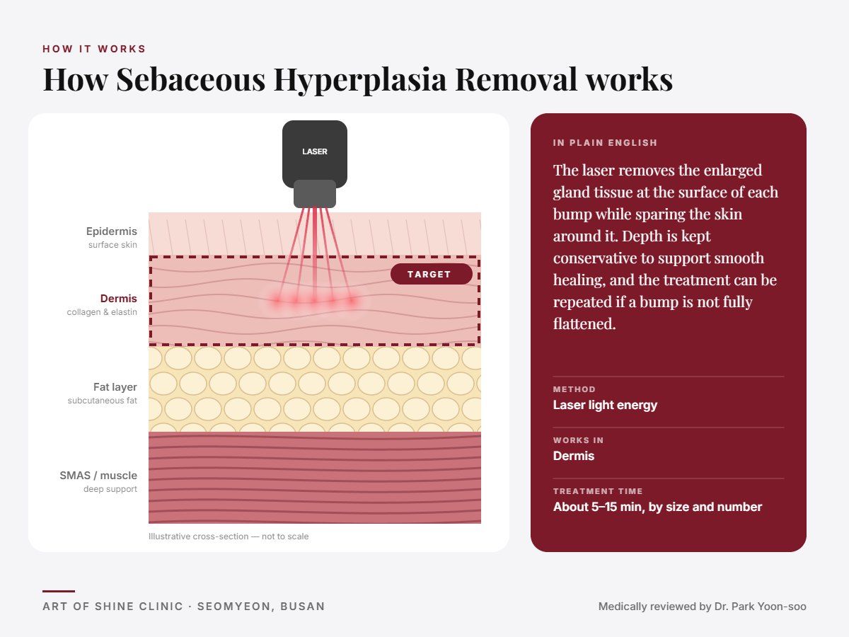 How Sebaceous Hyperplasia Removal works: illustrated skin cross-section showing laser light energy reaching the dermis