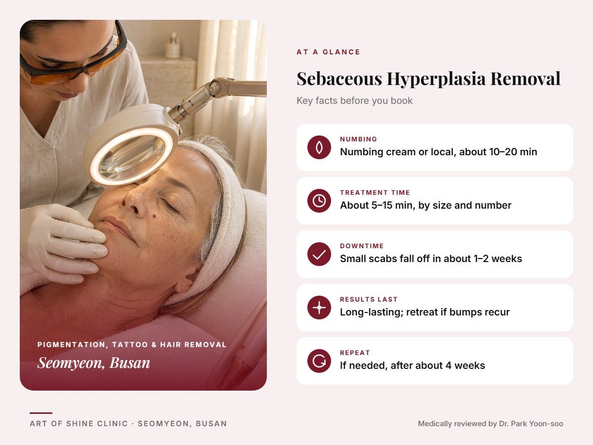 Sebaceous Hyperplasia Removal in Busan at a glance: numbing, treatment time (About 5&ndash;15 min, by size and number), downtime, how long results last and repeat interval, Art of Shine Clinic