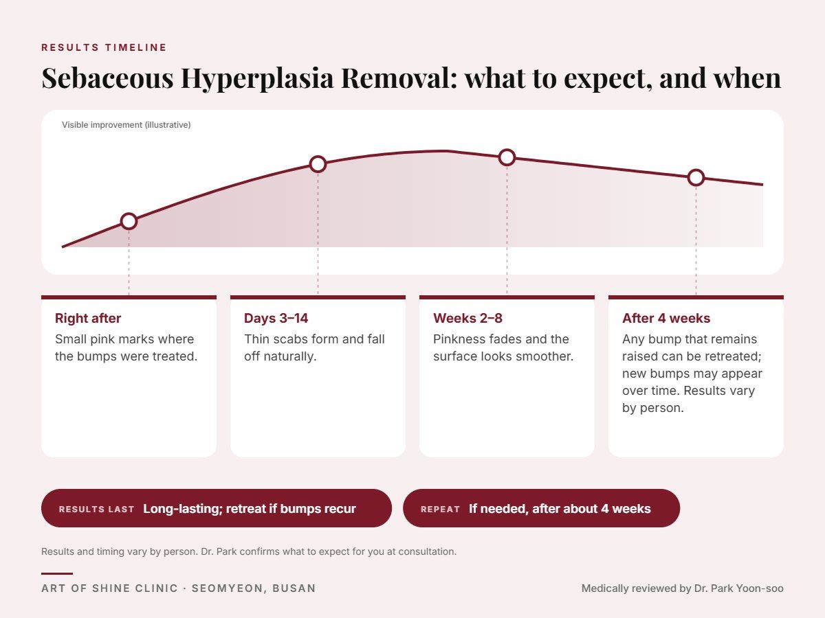 Sebaceous Hyperplasia Removal results timeline: when results appear and peak, and how long they last (Long-lasting; retreat if bumps recur)