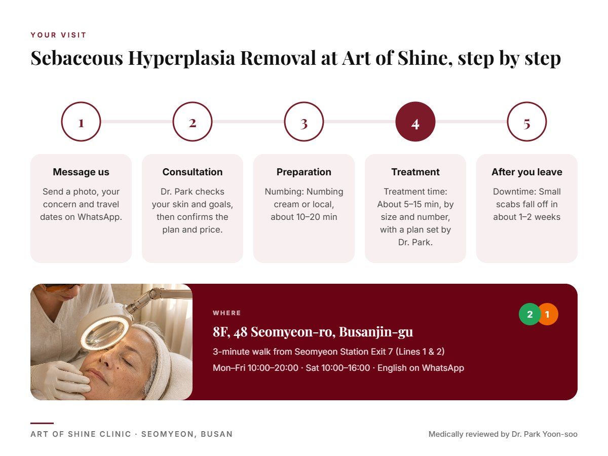 Your Sebaceous Hyperplasia Removal visit at Art of Shine Clinic in Seomyeon, Busan in 5 steps, from WhatsApp booking to aftercare