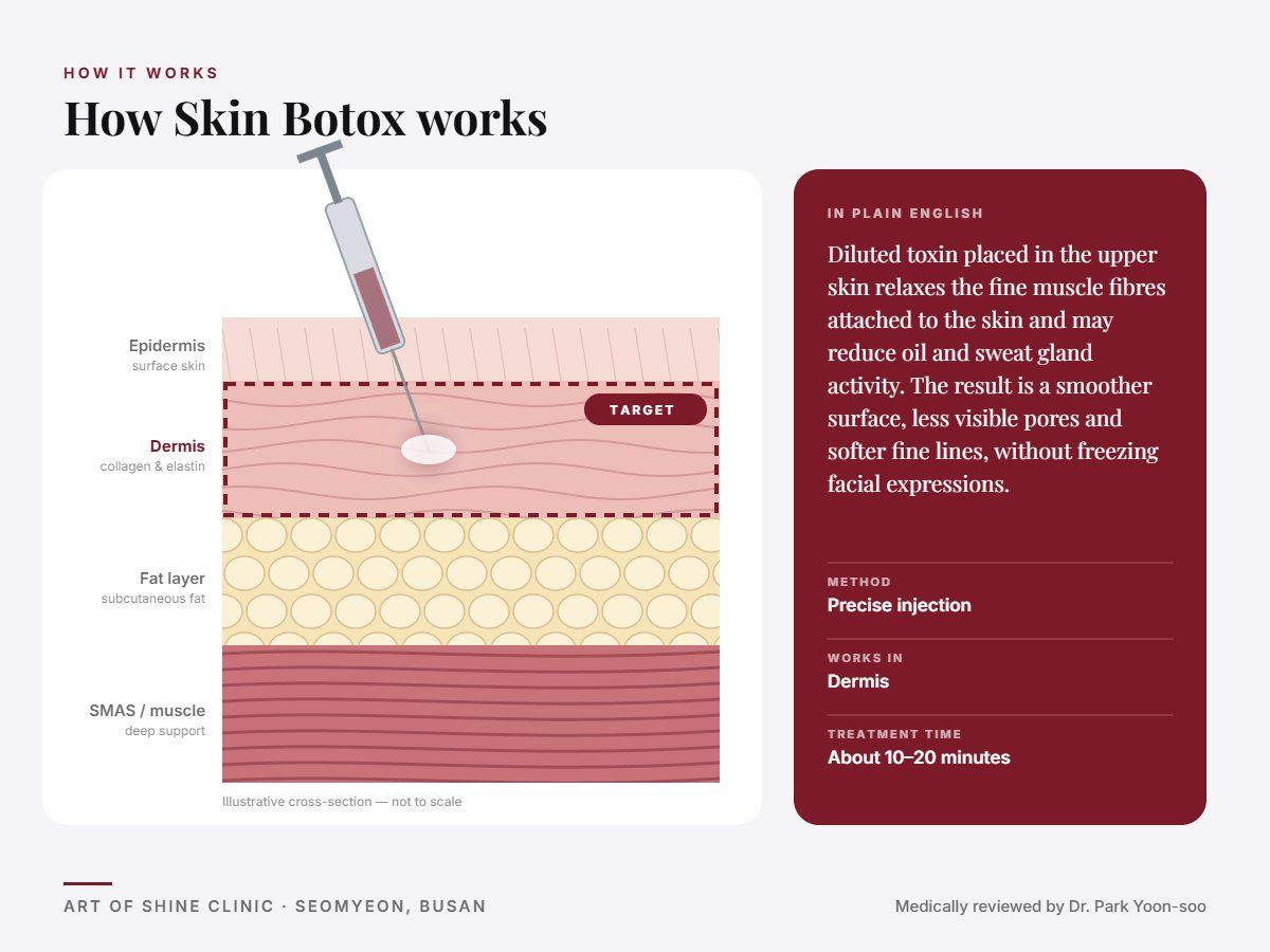 How Skin Botox works: illustrated skin cross-section showing precise injection reaching the dermis