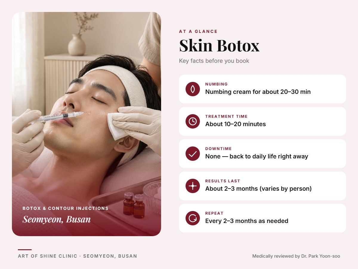 Skin Botox in Busan at a glance: numbing, treatment time (About 10&ndash;20 minutes), downtime, how long results last and repeat interval, Art of Shine Clinic
