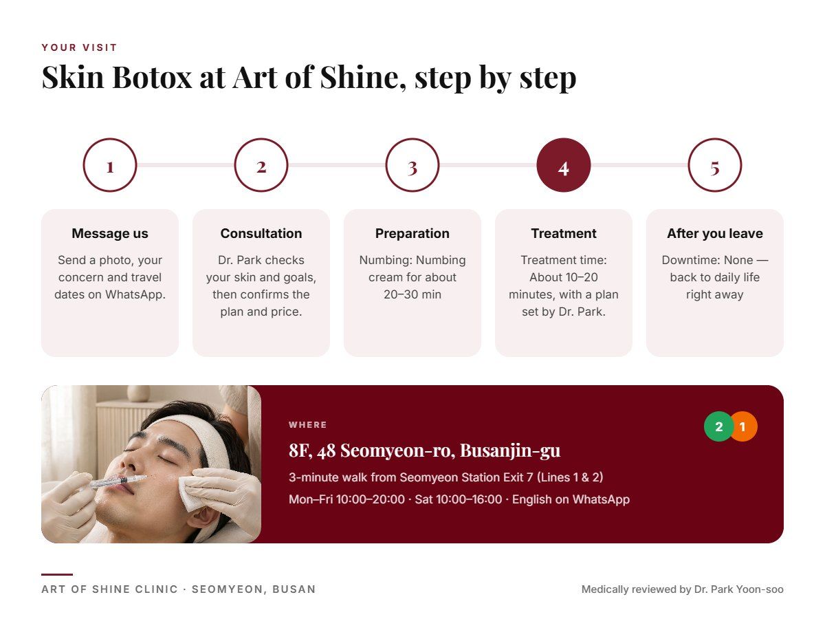 Your Skin Botox visit at Art of Shine Clinic in Seomyeon, Busan in 5 steps, from WhatsApp booking to aftercare