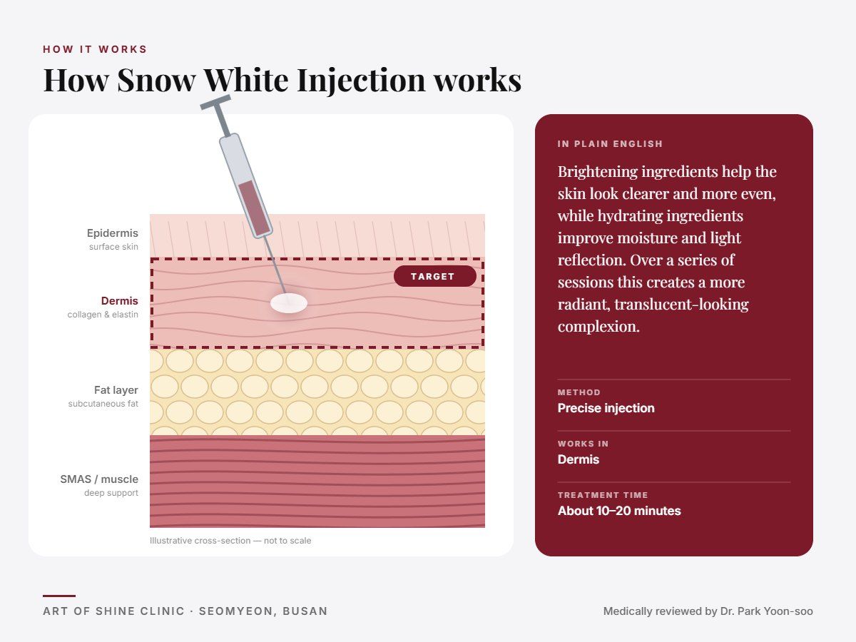 How Snow White Injection works: illustrated skin cross-section showing precise injection reaching the dermis