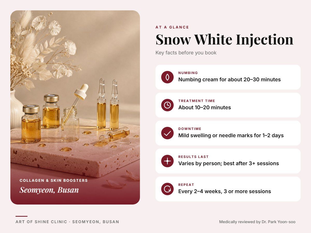 Snow White Injection in Busan at a glance: numbing, treatment time (About 10&ndash;20 minutes), downtime, how long results last and repeat interval, Art of Shine Clinic