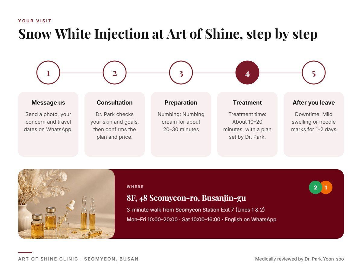 Your Snow White Injection visit at Art of Shine Clinic in Seomyeon, Busan in 5 steps, from WhatsApp booking to aftercare