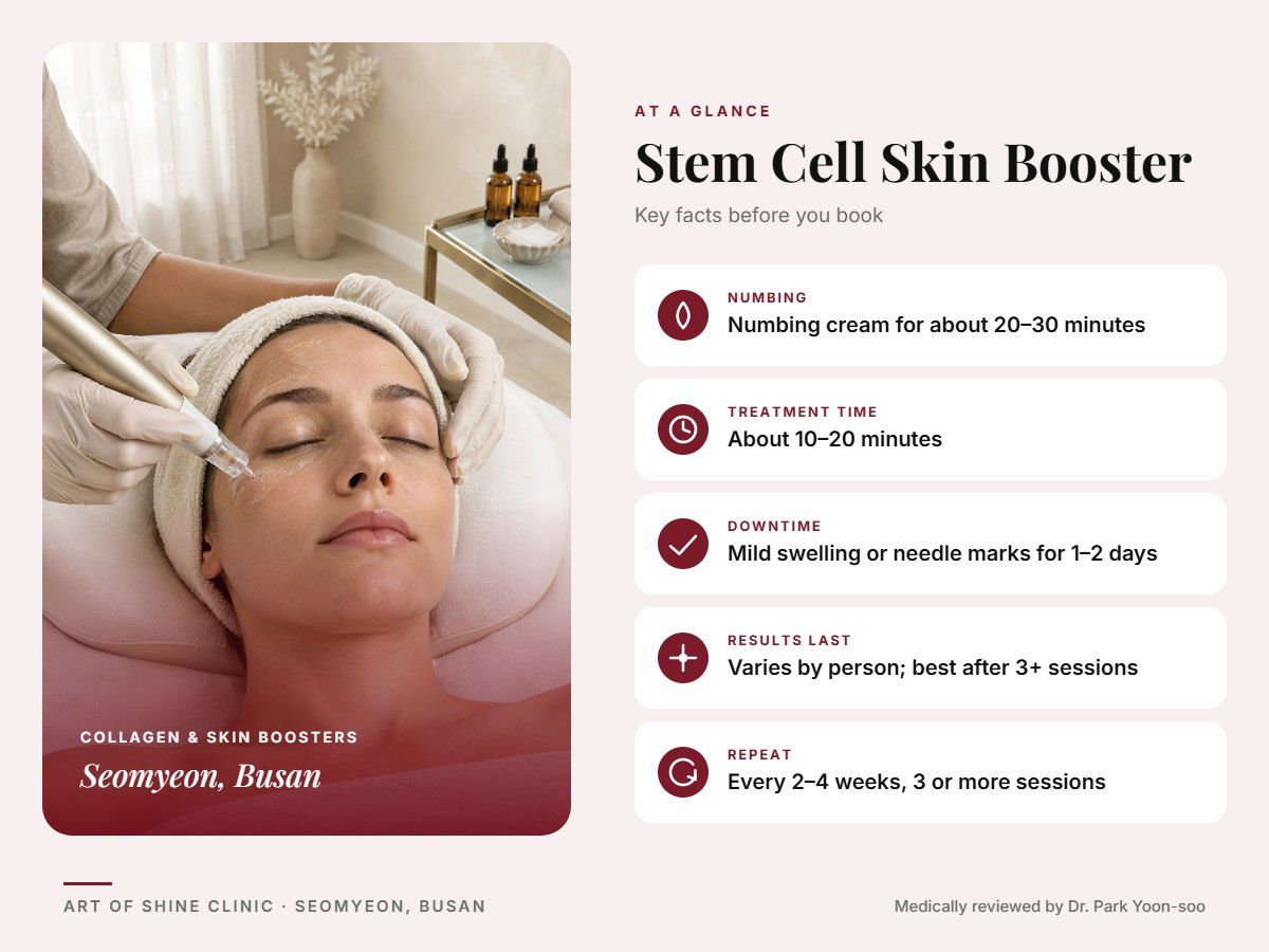 Stem Cell Skin Booster in Busan at a glance: numbing, treatment time (About 10&ndash;20 minutes), downtime, how long results last and repeat interval, Art of Shine Clinic