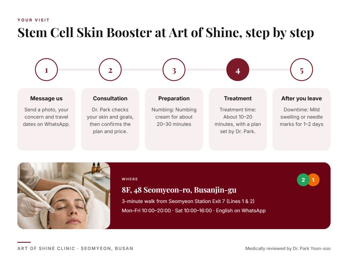 Your Stem Cell Skin Booster visit at Art of Shine Clinic in Seomyeon, Busan in 5 steps, from WhatsApp booking to aftercare