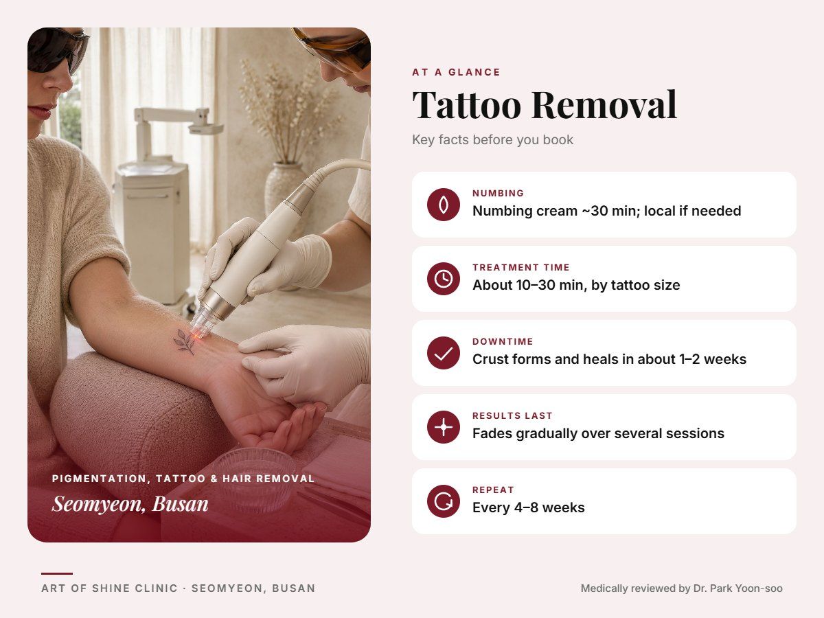 Tattoo Removal in Busan at a glance: numbing, treatment time (About 10&ndash;30 min, by tattoo size), downtime, how long results last and repeat interval, Art of Shine Clinic