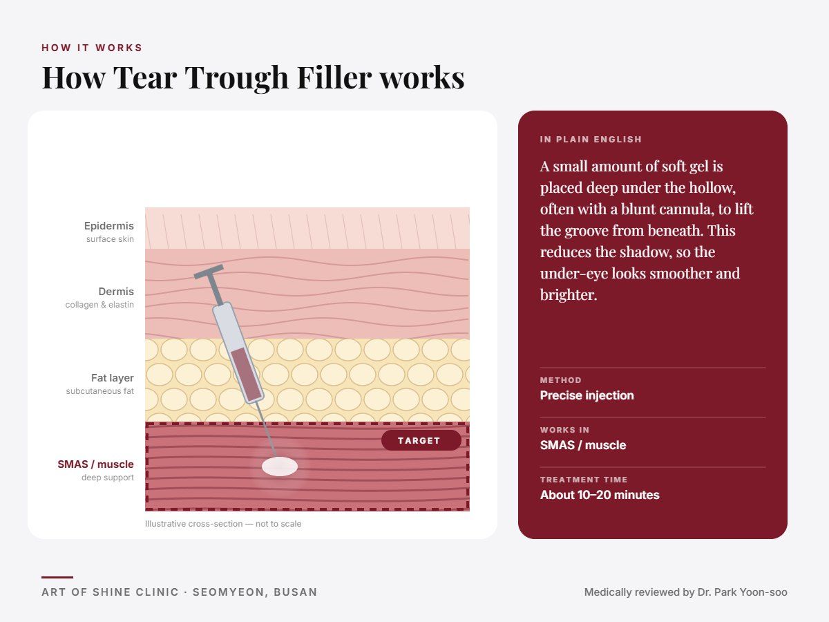 How Tear Trough Filler works: illustrated skin cross-section showing precise injection reaching the SMAS and muscle layer
