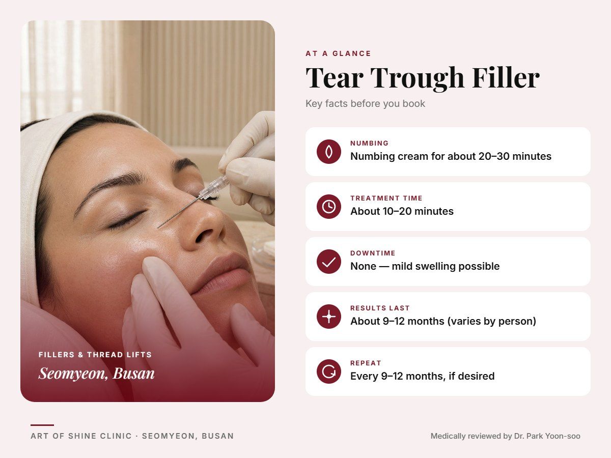 Tear Trough Filler in Busan at a glance: numbing, treatment time (About 10&ndash;20 minutes), downtime, how long results last and repeat interval, Art of Shine Clinic