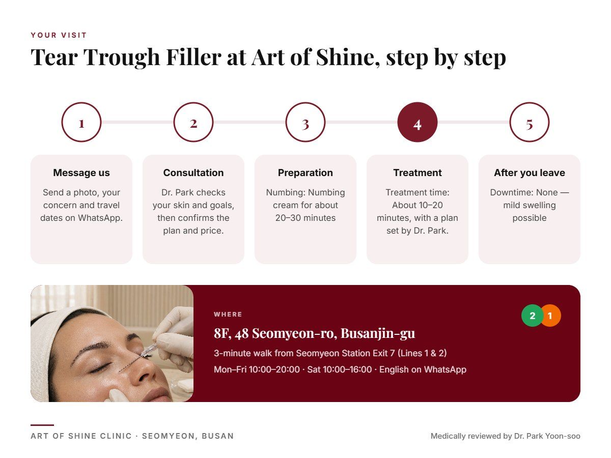 Your Tear Trough Filler visit at Art of Shine Clinic in Seomyeon, Busan in 5 steps, from WhatsApp booking to aftercare