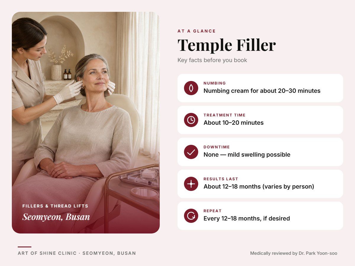 Temple Filler in Busan at a glance: numbing, treatment time (About 10&ndash;20 minutes), downtime, how long results last and repeat interval, Art of Shine Clinic