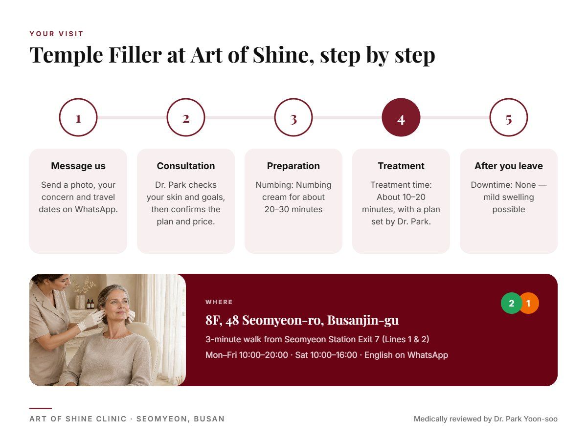 Your Temple Filler visit at Art of Shine Clinic in Seomyeon, Busan in 5 steps, from WhatsApp booking to aftercare