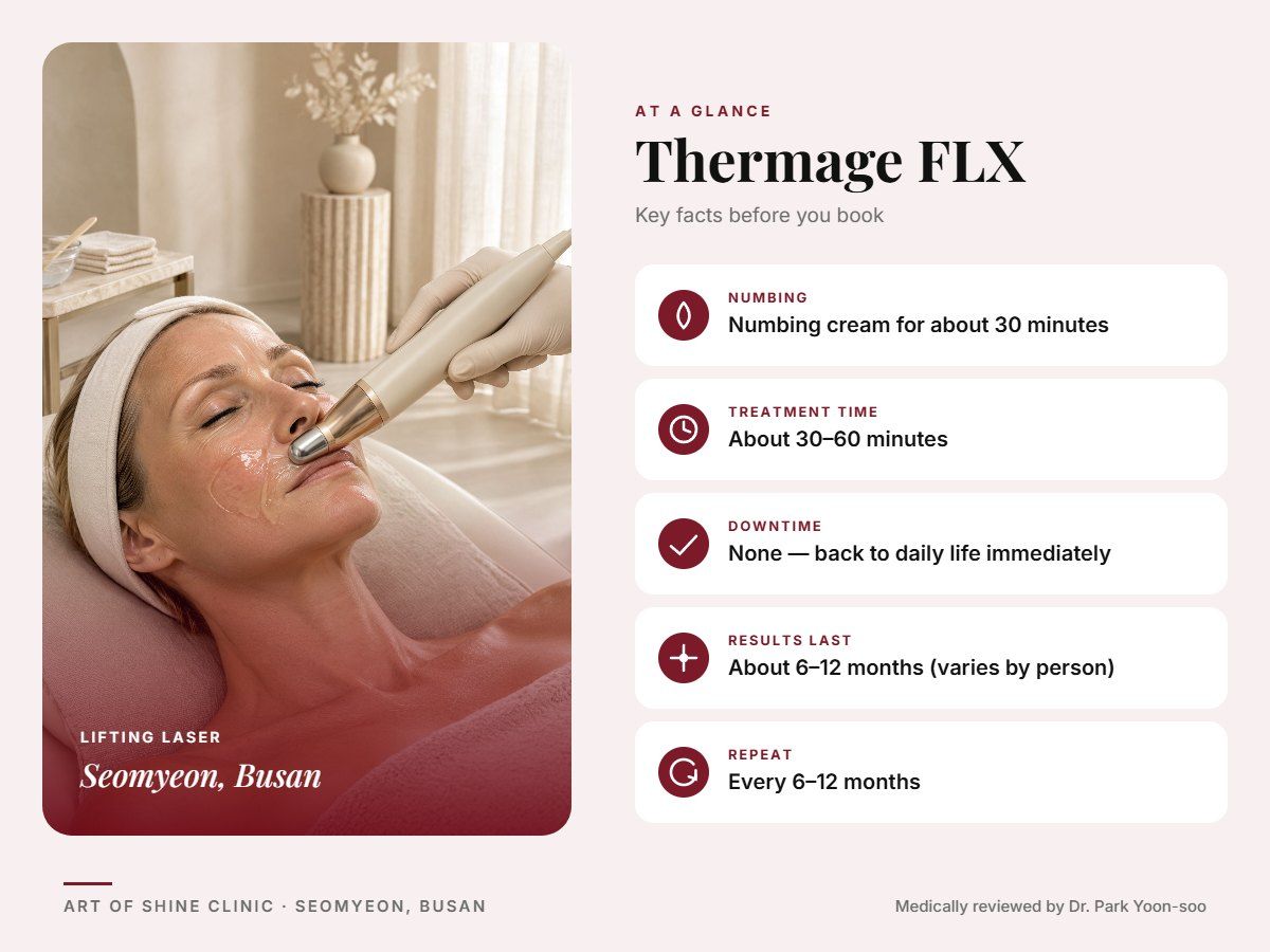Thermage FLX in Busan at a glance: numbing, treatment time (About 30&ndash;60 minutes), downtime, how long results last and repeat interval, Art of Shine Clinic