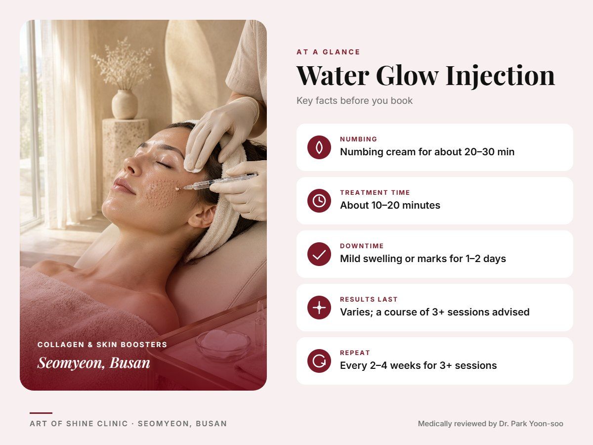 Water Glow Injection in Busan at a glance: numbing, treatment time (About 10&ndash;20 minutes), downtime, how long results last and repeat interval, Art of Shine Clinic
