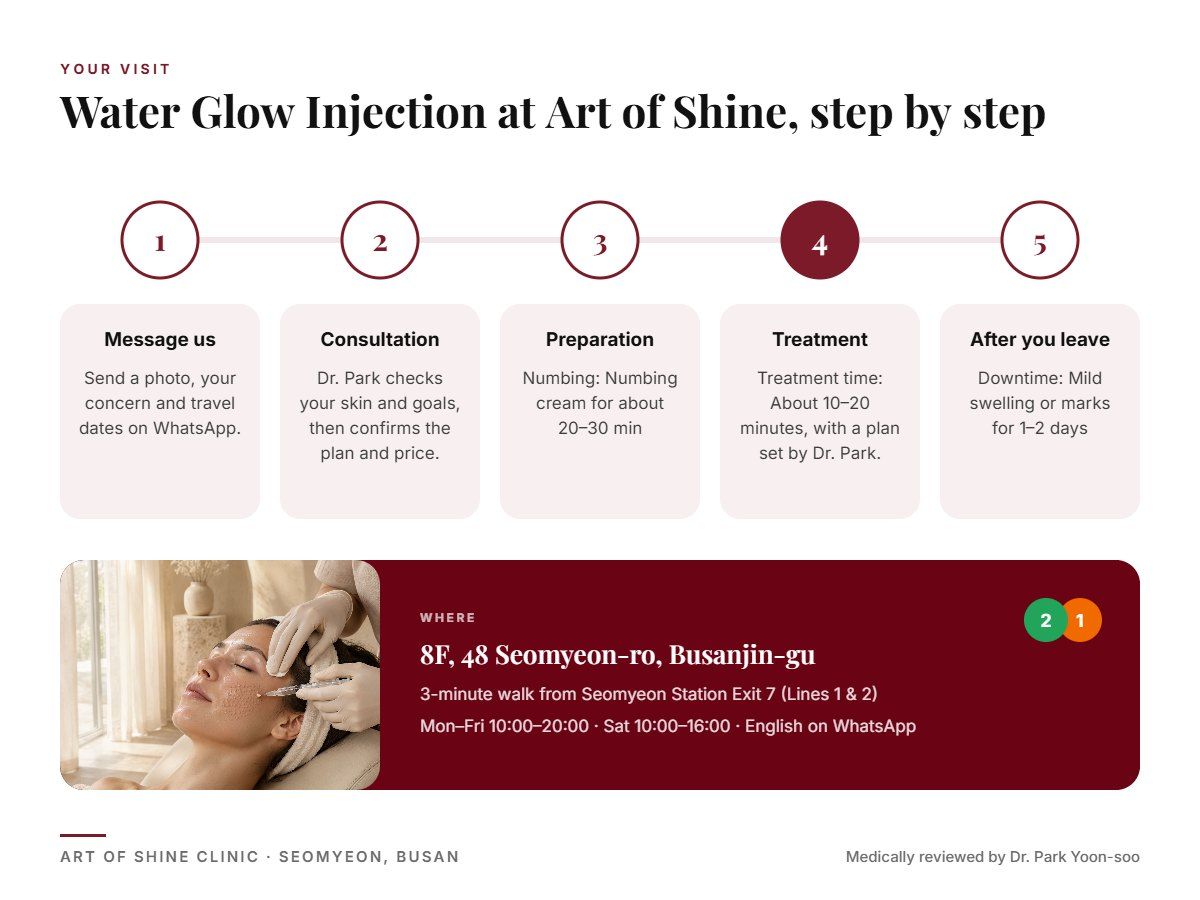 Your Water Glow Injection visit at Art of Shine Clinic in Seomyeon, Busan in 5 steps, from WhatsApp booking to aftercare