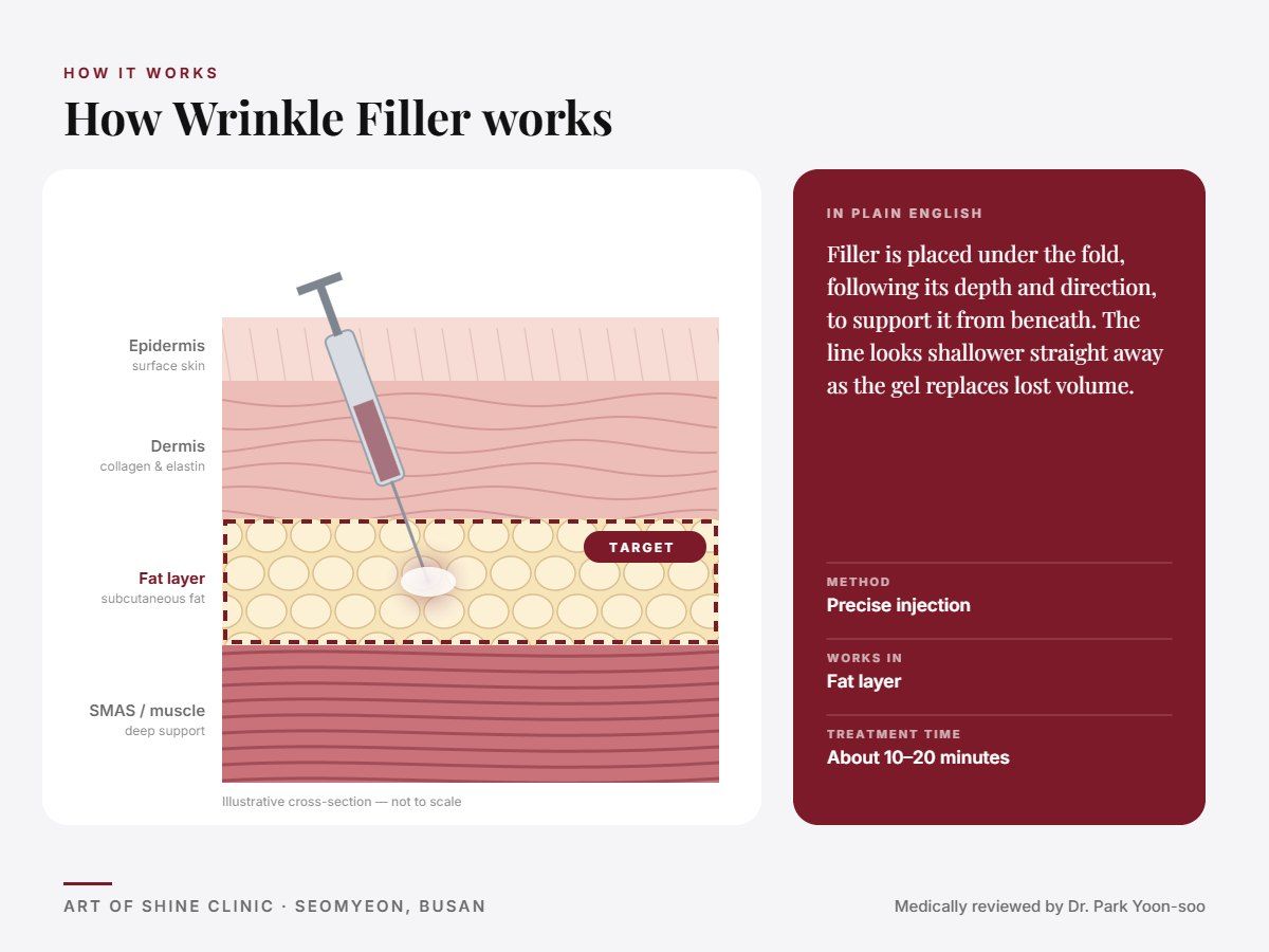 How Wrinkle Filler works: illustrated skin cross-section showing precise injection reaching the fat layer