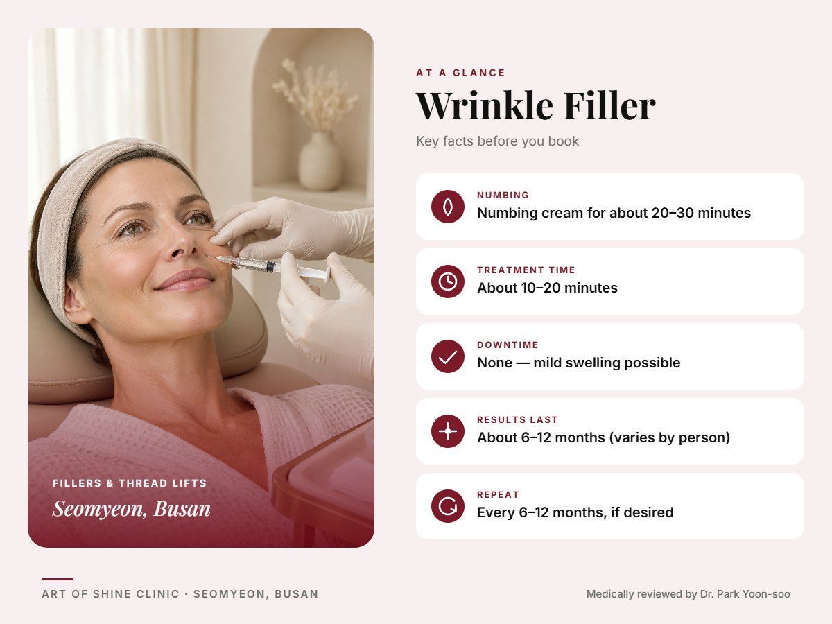 Wrinkle Filler in Busan at a glance: numbing, treatment time (About 10&ndash;20 minutes), downtime, how long results last and repeat interval, Art of Shine Clinic