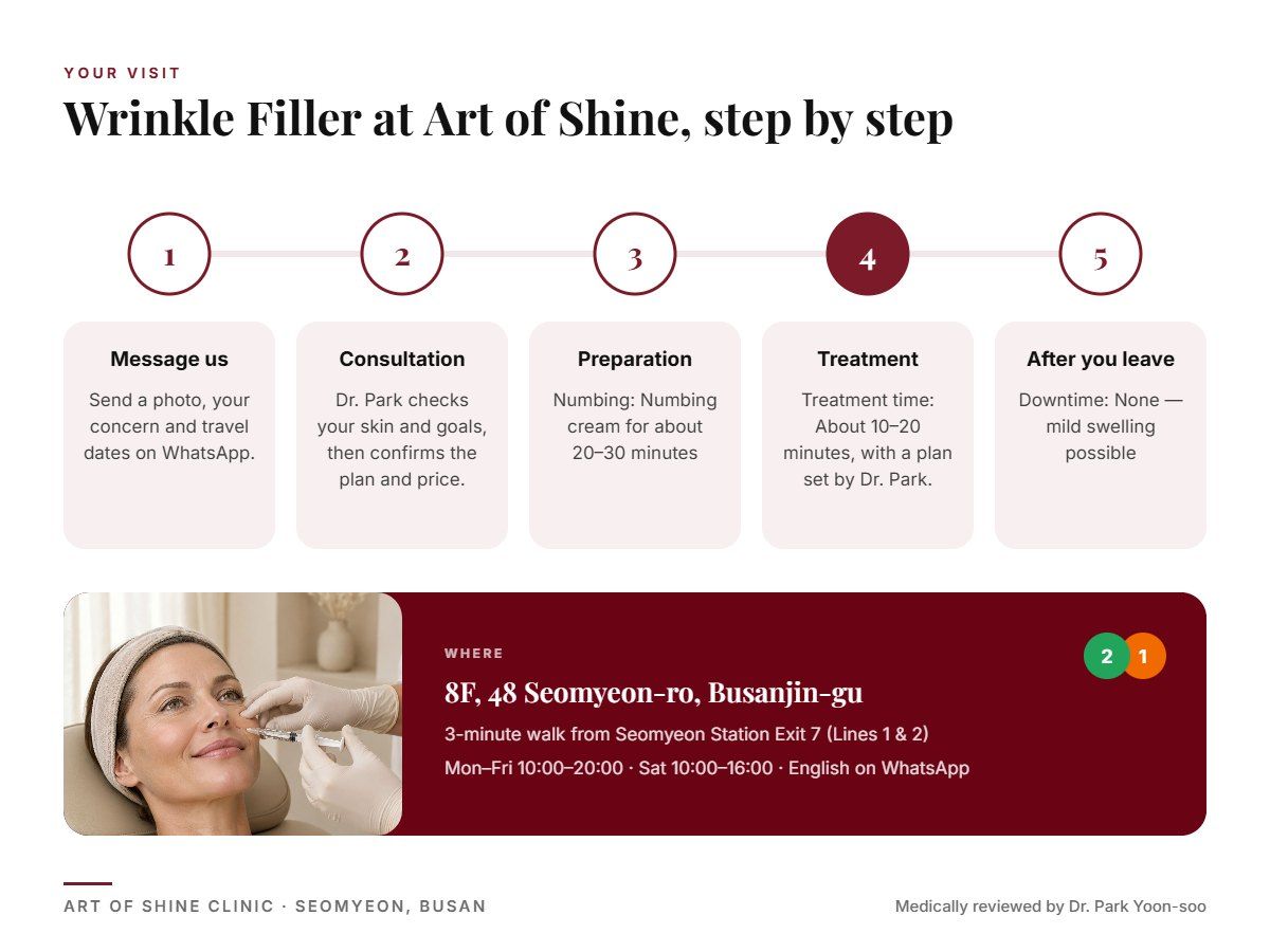 Your Wrinkle Filler visit at Art of Shine Clinic in Seomyeon, Busan in 5 steps, from WhatsApp booking to aftercare