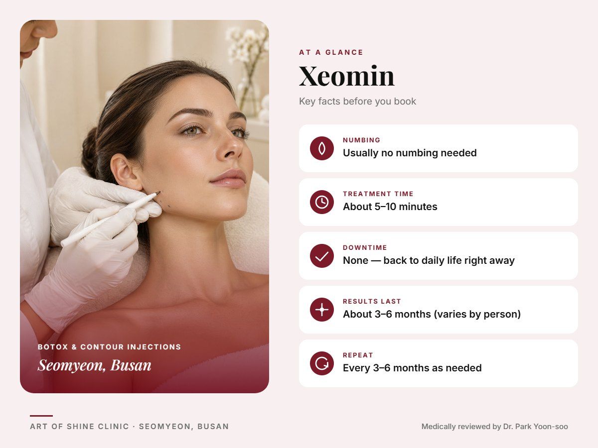 Xeomin in Busan at a glance: numbing, treatment time (About 5&ndash;10 minutes), downtime, how long results last and repeat interval, Art of Shine Clinic