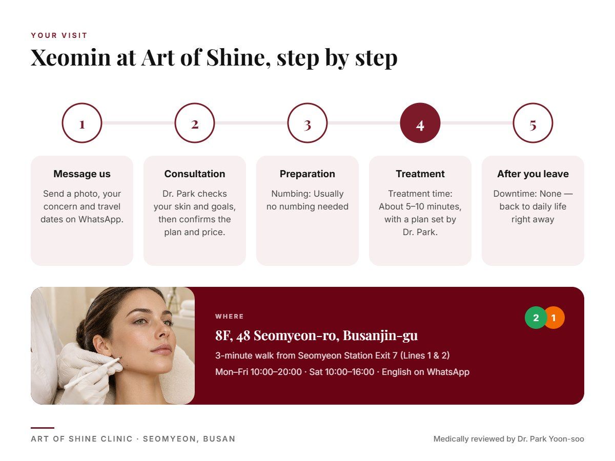 Your Xeomin visit at Art of Shine Clinic in Seomyeon, Busan in 5 steps, from WhatsApp booking to aftercare