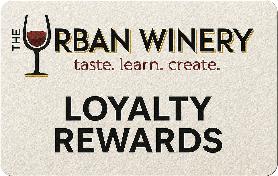The Urban Winery loyalty rewards card with logo and tagline on a cream background
