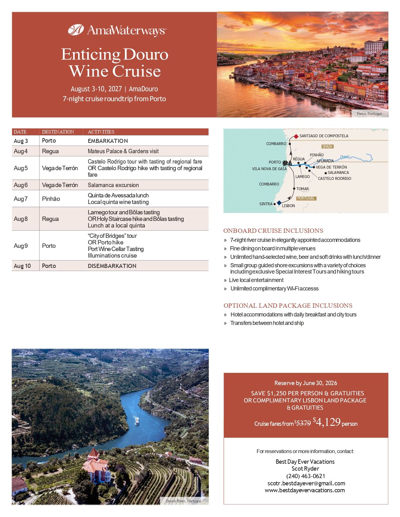 Flyer for a Douro wine cruise with itinerary, map, river valley photo, and sunset cityscape.