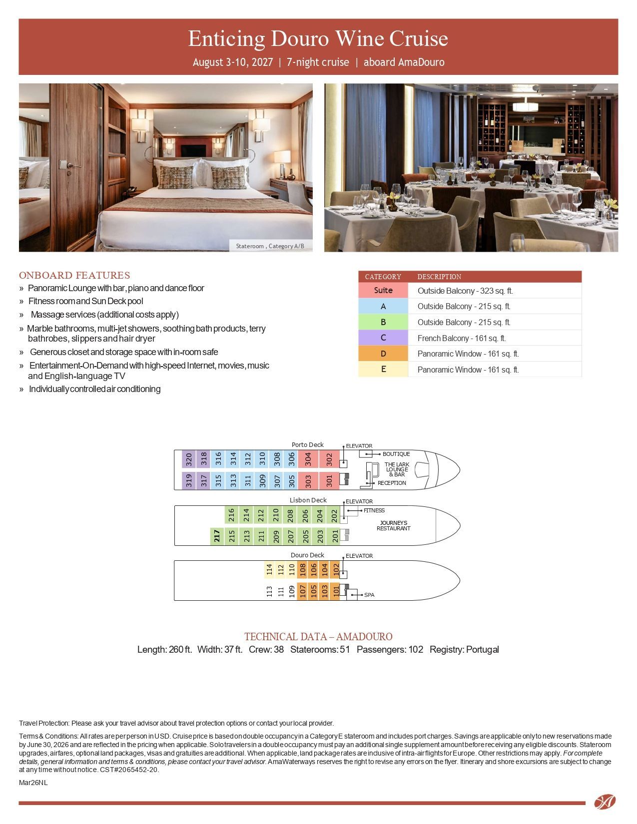 Travel brochure for a wine cruise with cabin photos, cruise details, and deck layout diagrams