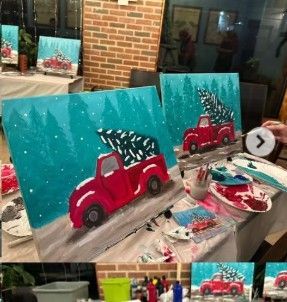 Painting class tables with red pickup truck canvases and paint palettes